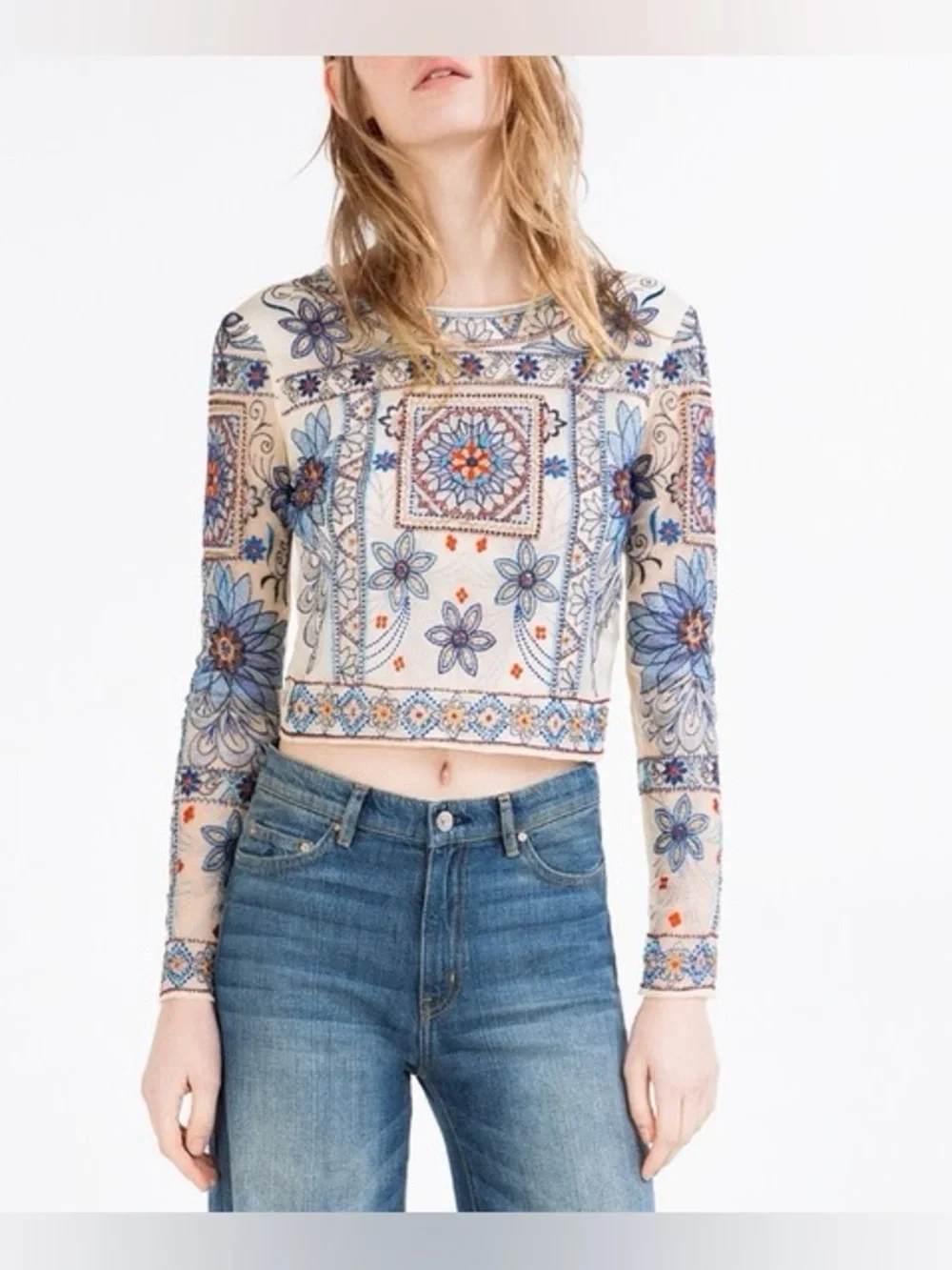 Zara Woman Premium Denim Collection Embroidered Beaded Cropped Sheer Sleeve Top
